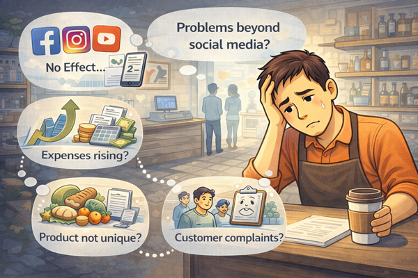 SNS 효과 없는 매장에서 운영 구조 문제를 고민하는 자영업자 모습