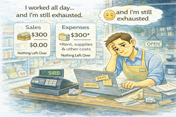 남는 게 없는 매장에서 하루 종일 일하지만 지쳐 있는 자영업자 모습