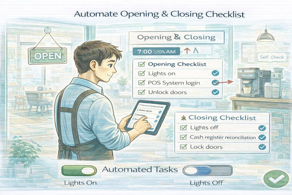 매장 오픈과 마감 자동화를 위해 체크리스트를 확인하는 자영업자 모습