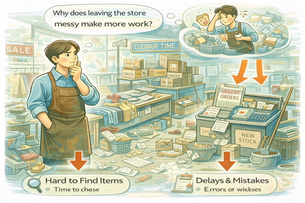 매장 정리가 안 될수록 일이 늘어나는 이유를 고민하며 매장 정리 상태를 확인하는 자영업자 모습