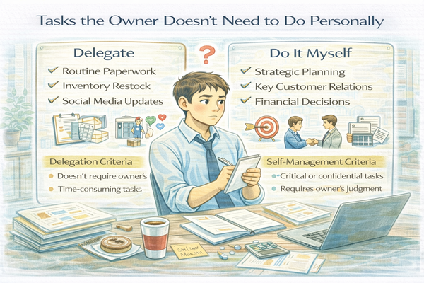 사장이 직접 하지 않아도 되는 일의 기준을 정리하며 업무를 구분하는 자영업자 모습