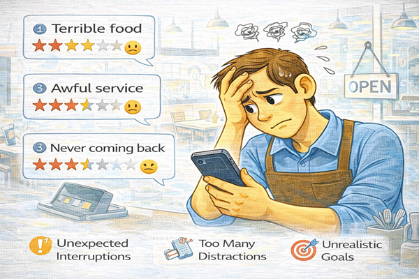 악성 리뷰에 흔들리는 매장에서 리뷰를 확인하며 고민하는 자영업자 모습