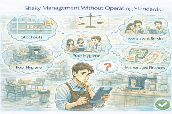 운영 기준 없는 매장이 흔들리는 과정을 고민하며 매장 운영을 점검하는 자영업자 모습