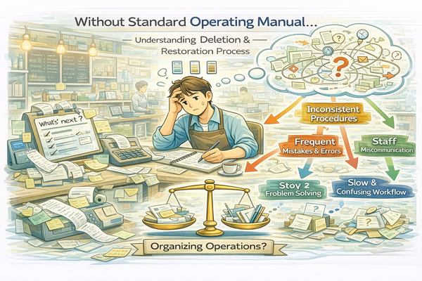 운영 매뉴얼이 없는 매장의 한계를 고민하며 업무 흐름을 정리하는 자영업자 모습