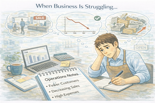 장사가 힘들어지는 순간 점검할 운영 노트를 확인하며 매장 상황을 정리하는 자영업자 모습