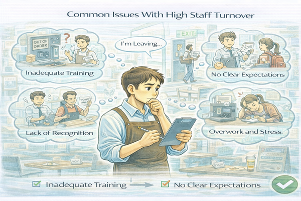 직원이 자주 바뀌는 매장의 공통점을 고민하며 매장 운영을 점검하는 자영업자 모습