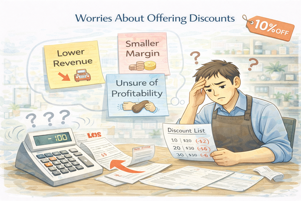 할인하면 손해 보는 구조를 고민하며 계산을 확인하는 자영업자 모습