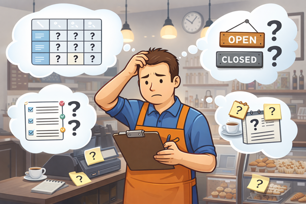 혼자 운영하는 매장에서 기준을 정리하지 못해 고민하는 자영업자 모습