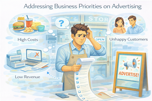 광고보다 먼저 정리해야 할 것을 고민하며 매장 운영 문제를 점검하는 자영업자 모습