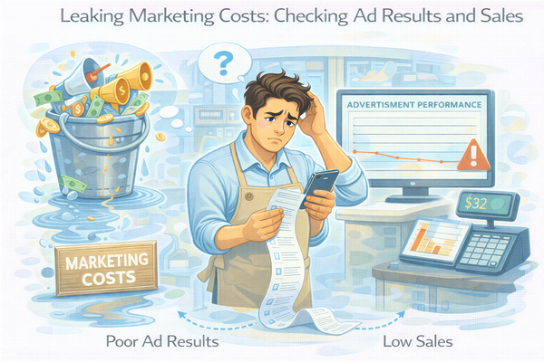 마케팅 비용이 새는 구조를 고민하며 광고 성과와 매출을 확인하는 자영업자 모습