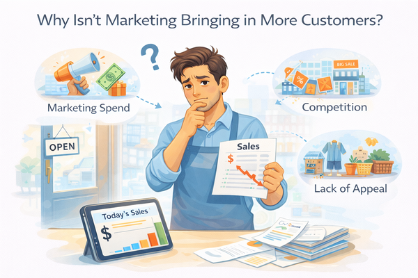 마케팅을 해도 손님이 늘지 않는 이유를 고민하며 매장 매출을 확인하는 자영업자 모습