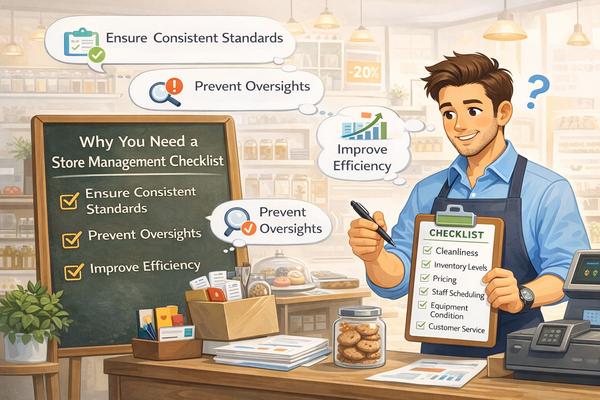 매장 관리 체크리스트가 필요한 이유를 정리하며 매장 점검 항목을 확인하는 자영업자 모습