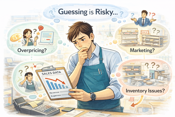 매장 운영에서 감으로 결정하면 위험한 영역을 고민하며 매출 데이터를 확인하는 자영업자 모습