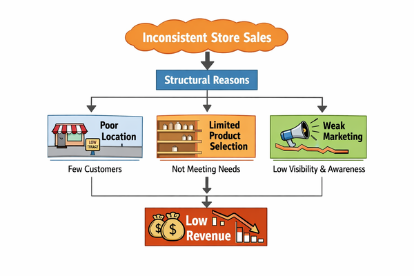 매출이 안정적으로 나오지 않는 매장의 구조적인 이유 구조 설명 이미지